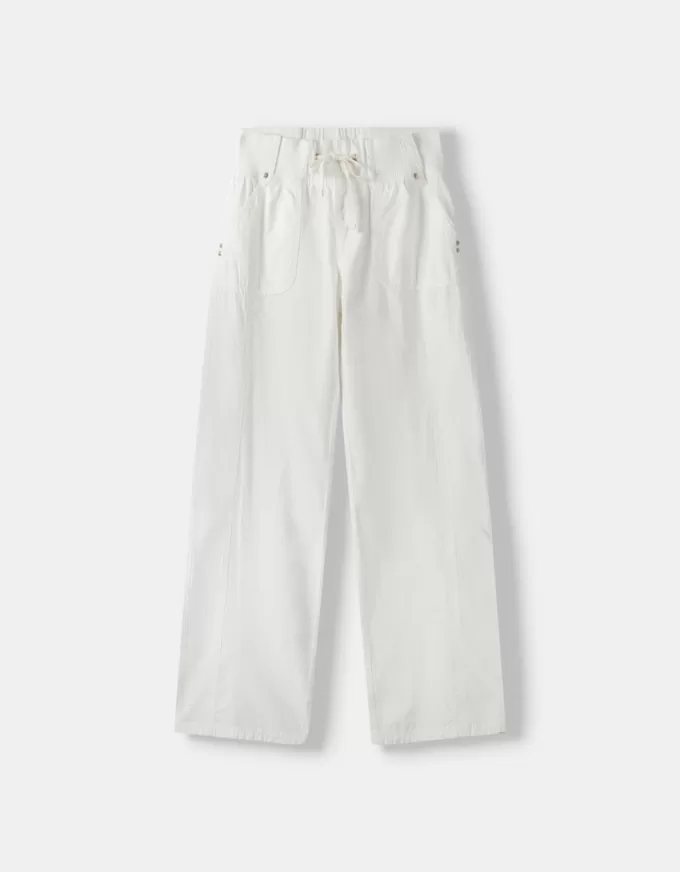 Pantaloni drepti din bumbac, cu talie cu nervuri Pantaloni drepti din bumbac, cu talie cu nervuri