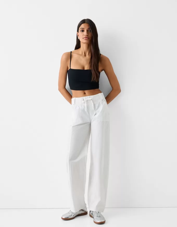Pantaloni drepti din bumbac, cu talie cu nervuri Pantaloni drepti din bumbac, cu talie cu nervuri