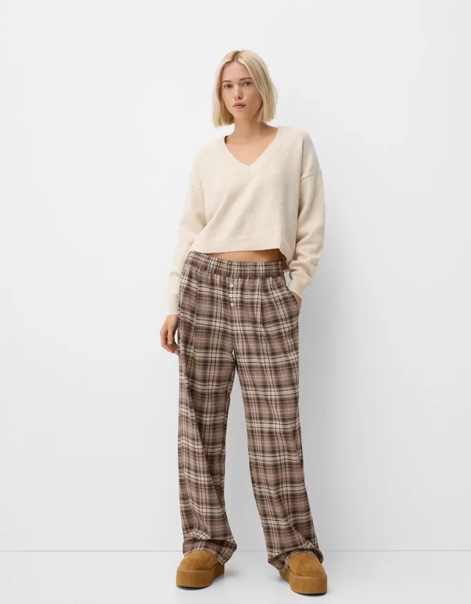 Pantaloni în carouri cu potrivire dreaptă Pantaloni în carouri cu potrivire dreaptă