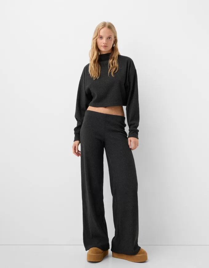 Pantaloni largi cu coaste la atingere moale Pantaloni largi cu coaste la atingere moale