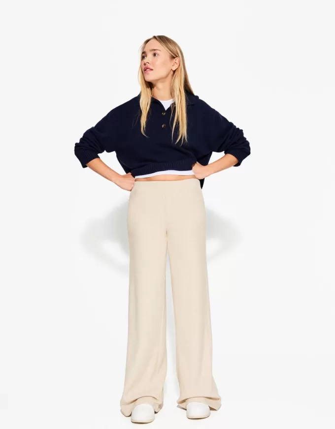 Pantaloni largi cu coaste la atingere moale Pantaloni largi cu coaste la atingere moale