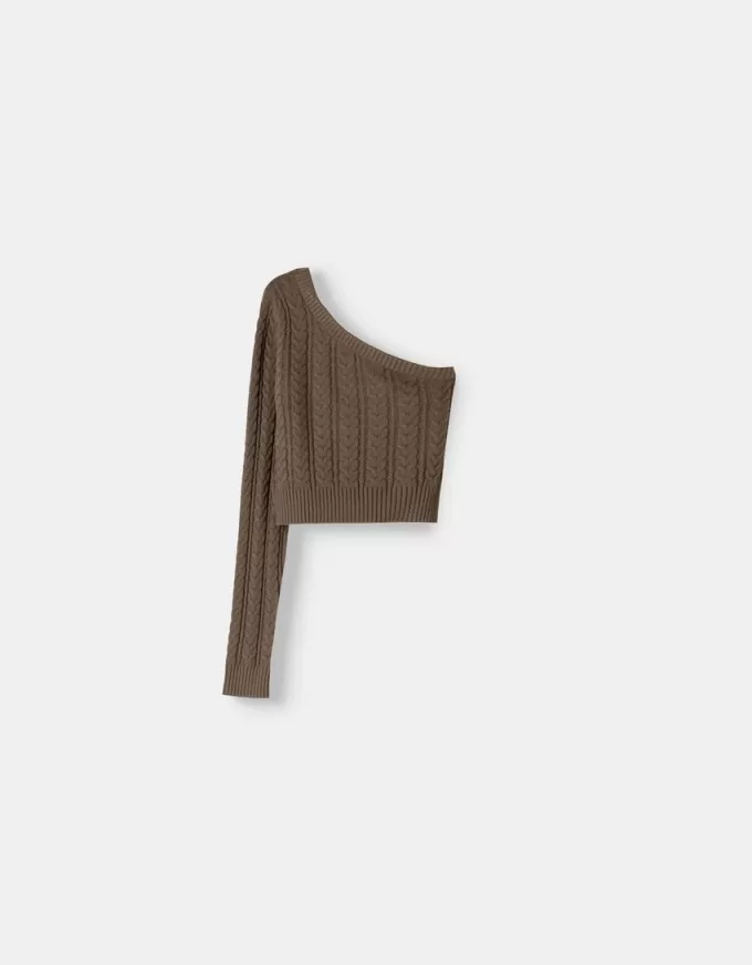 Pulover asimetric din tricot cablu Pulover asimetric din tricot cablu