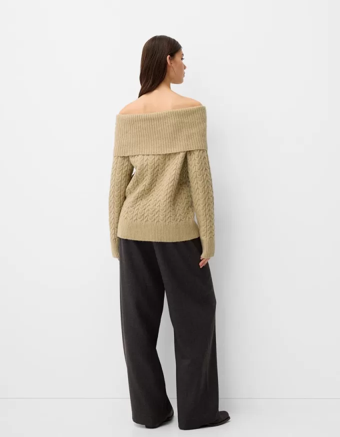 Pulover cu decolteu Bardot din tricot cablu