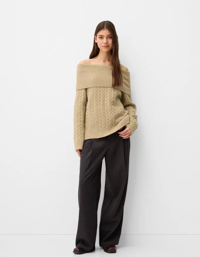Pulover cu decolteu Bardot din tricot cablu