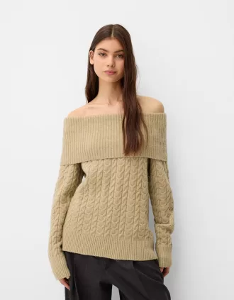 Pulover cu decolteu Bardot din tricot cablu