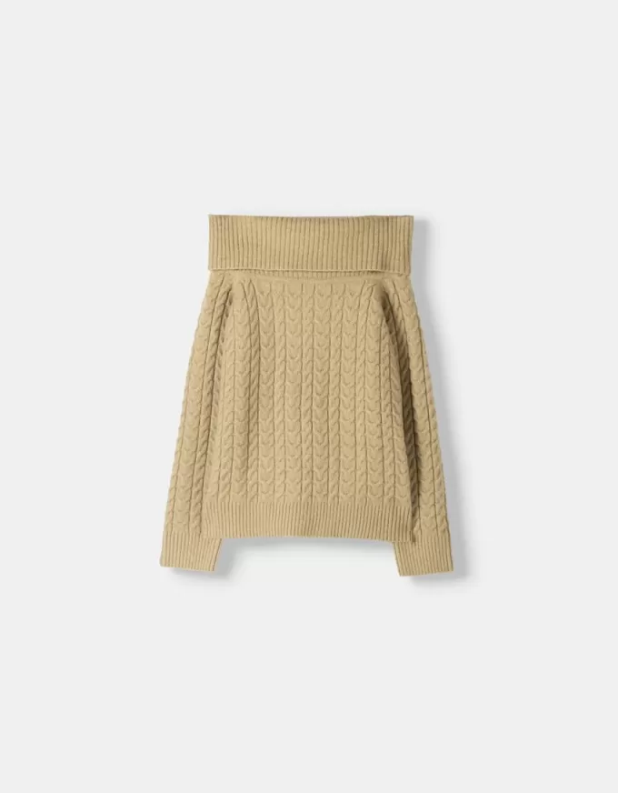 Pulover cu decolteu Bardot din tricot cablu