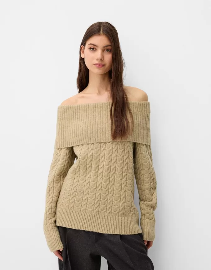 Pulover cu decolteu Bardot din tricot cablu