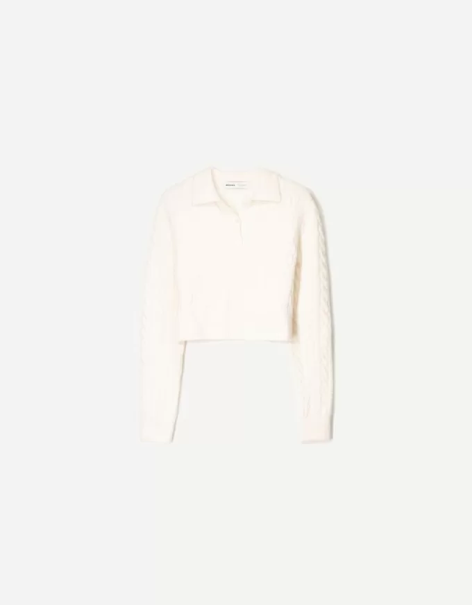 Pulover cu guler polo din tricot cablu Pulover cu guler polo din tricot cablu