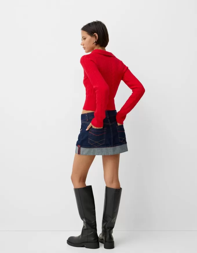 Pulover cu guler polo din tricot cablu Pulover cu guler polo din tricot cablu