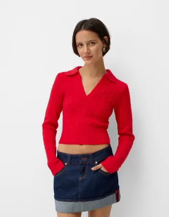 Pulover cu guler polo din tricot cablu