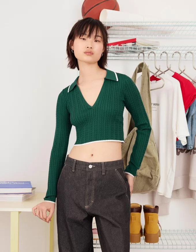 Pulover cu guler polo din tricot cablu Pulover cu guler polo din tricot cablu