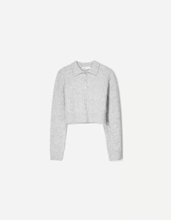 Pulover cu guler polo din tricot cablu Pulover cu guler polo din tricot cablu