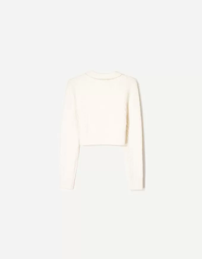 Pulover cu guler polo din tricot cablu Pulover cu guler polo din tricot cablu