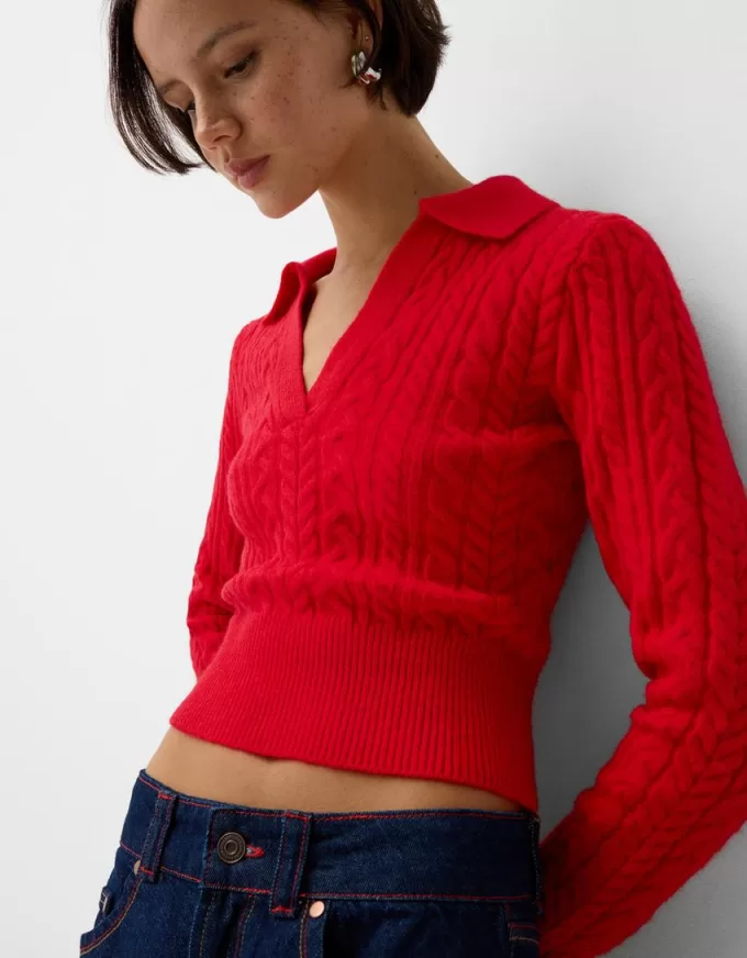 Pulover cu guler polo din tricot cablu Pulover cu guler polo din tricot cablu