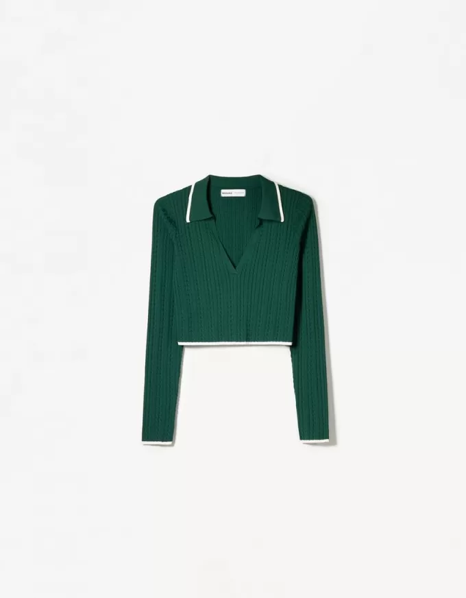 Pulover cu guler polo din tricot cablu Pulover cu guler polo din tricot cablu