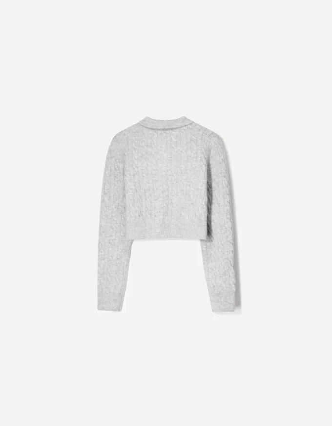 Pulover cu guler polo din tricot cablu Pulover cu guler polo din tricot cablu