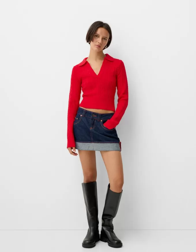 Pulover cu guler polo din tricot cablu Pulover cu guler polo din tricot cablu