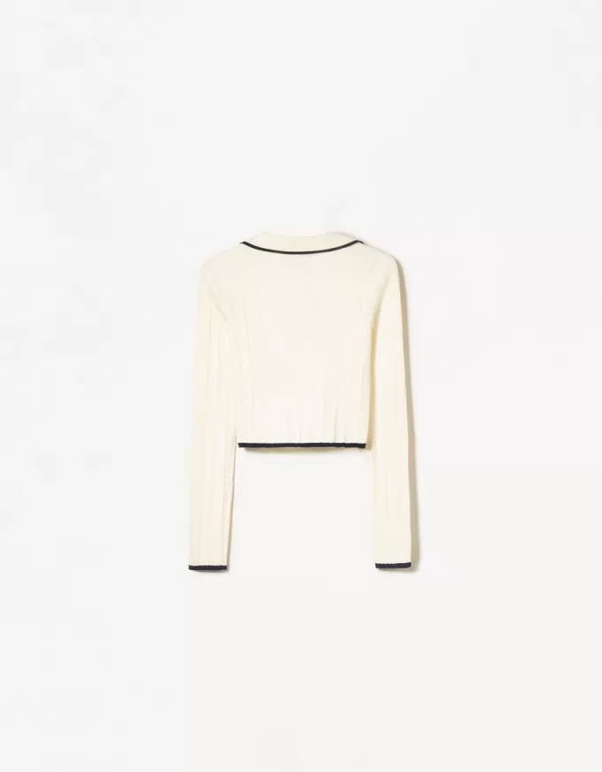 Pulover cu guler polo din tricot cablu Pulover cu guler polo din tricot cablu