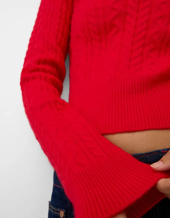 Pulover cu guler polo din tricot cablu Pulover cu guler polo din tricot cablu
