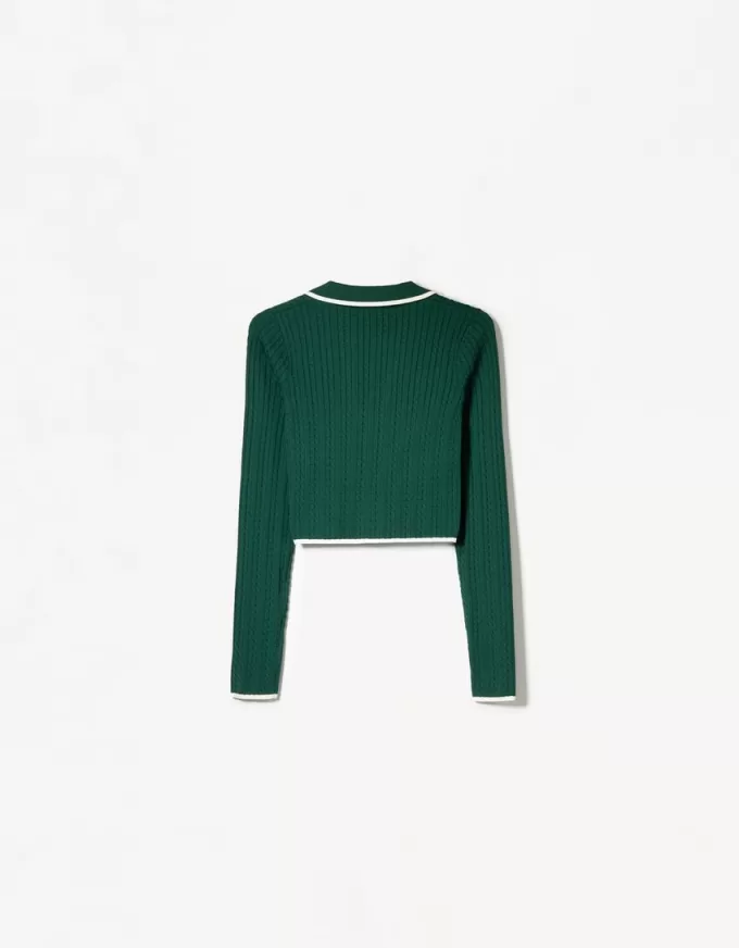 Pulover cu guler polo din tricot cablu Pulover cu guler polo din tricot cablu