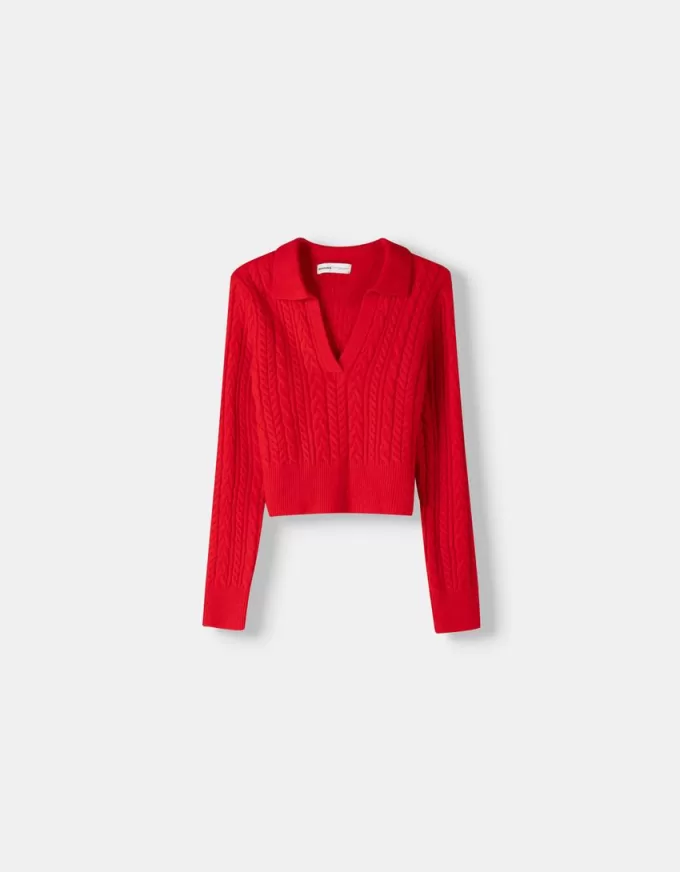 Pulover cu guler polo din tricot cablu Pulover cu guler polo din tricot cablu