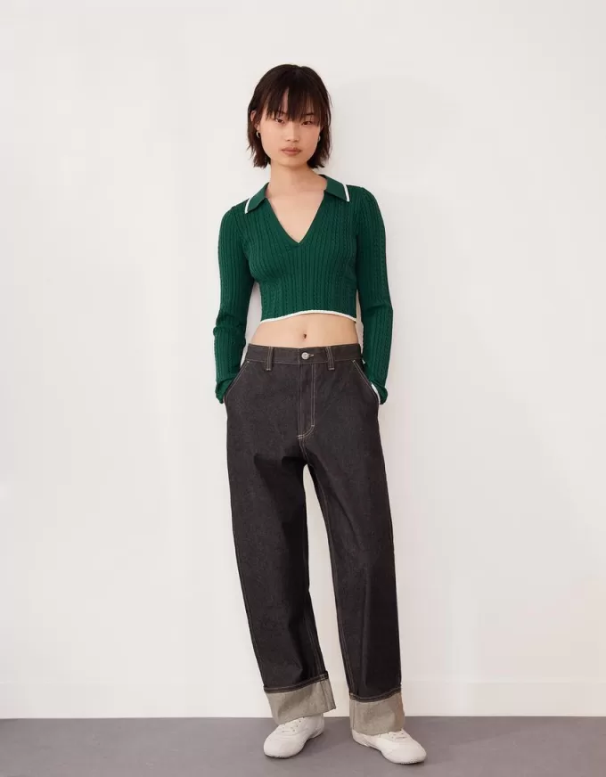 Pulover cu guler polo din tricot cablu Pulover cu guler polo din tricot cablu