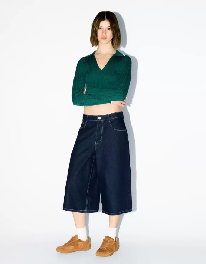 Pulover cu guler polo din tricot cablu Pulover cu guler polo din tricot cablu