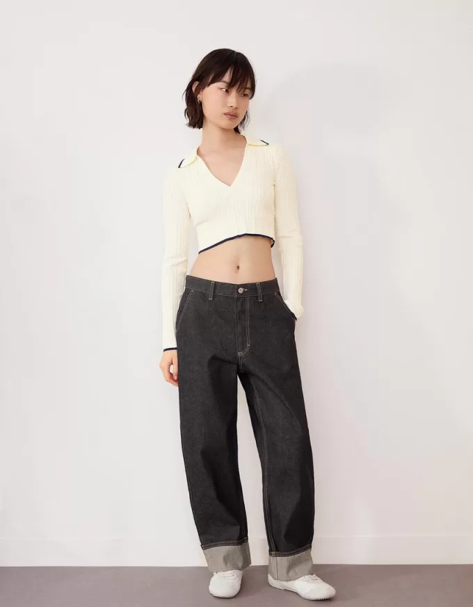 Pulover cu guler polo din tricot cablu Pulover cu guler polo din tricot cablu