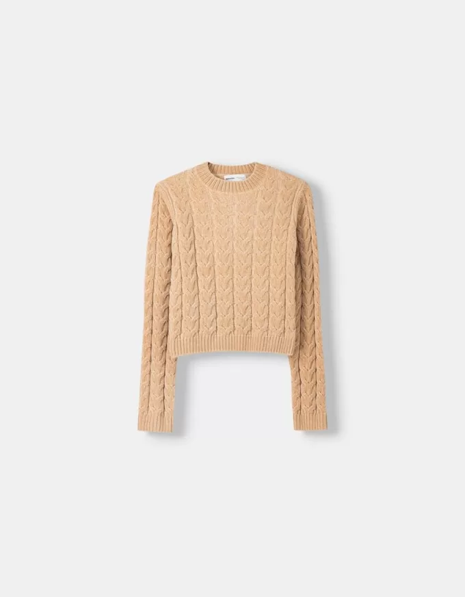Pulover din chenilia din tricot cablu