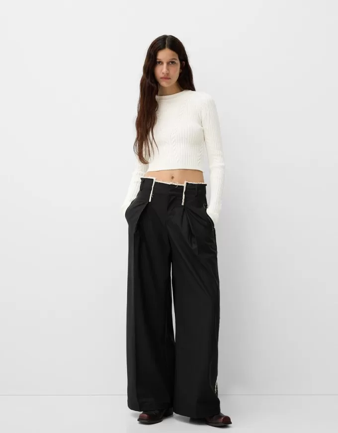 Pulover din tricot cablu cu coaste