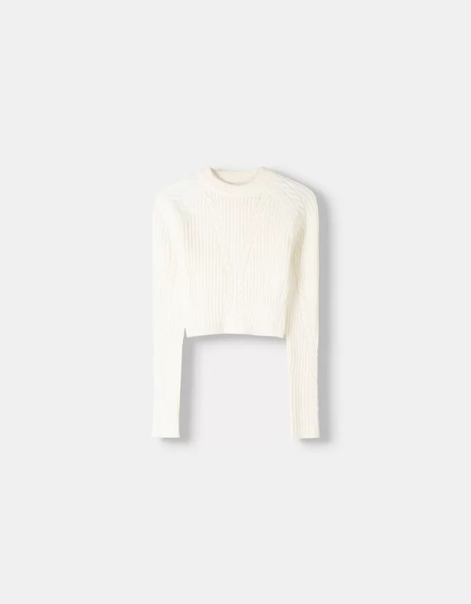 Pulover din tricot cablu cu coaste