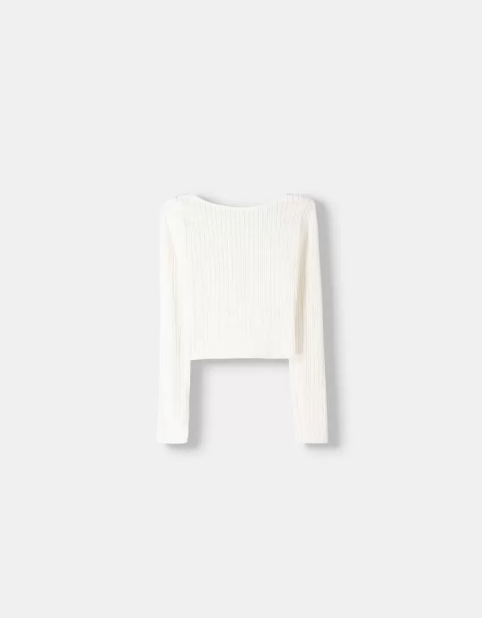 Pulover din tricot cu mânecă lungă și spate deschis