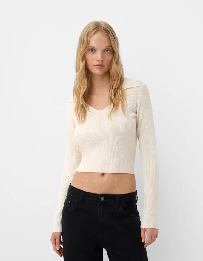 Pulover montat cu guler polo Pulover montat cu guler polo