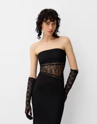 Rochie maxi cu decolteu bandeau din dantela