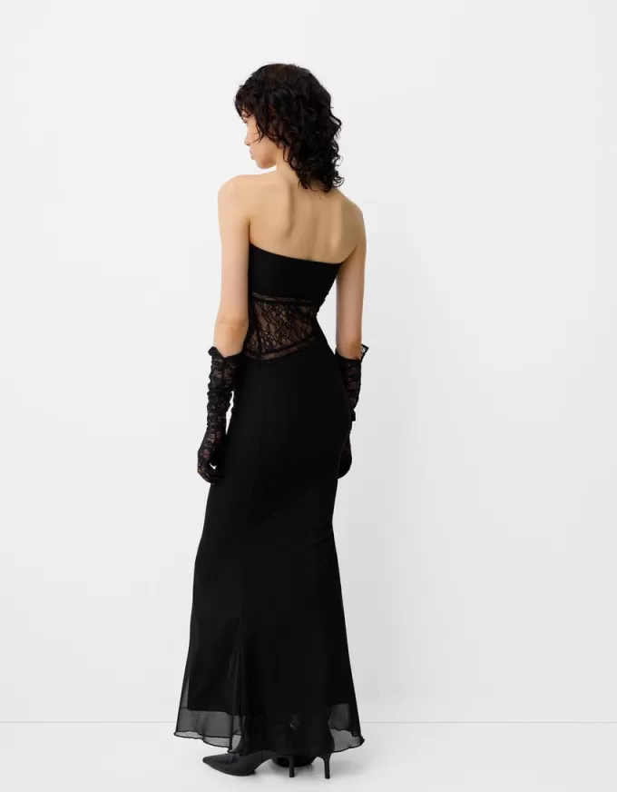 Rochie maxi cu decolteu bandeau din dantela Rochie maxi cu decolteu bandeau din dantela