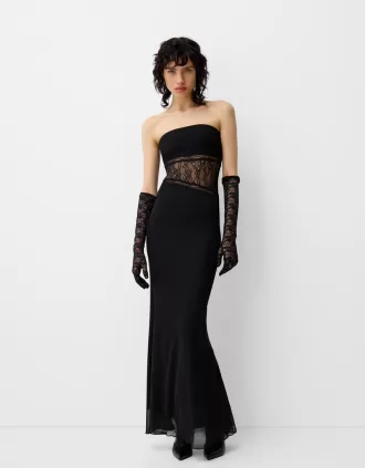 Rochie maxi cu decolteu bandeau din dantela