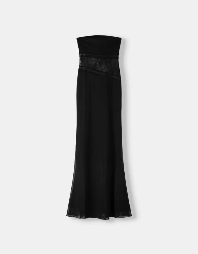 Rochie maxi cu decolteu bandeau din dantela Rochie maxi cu decolteu bandeau din dantela
