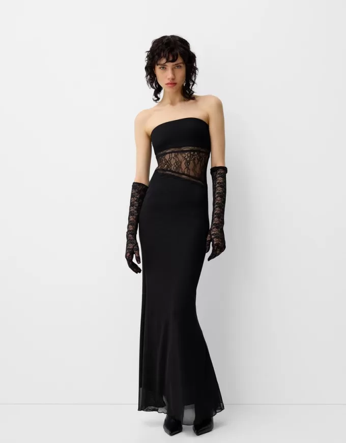 Rochie maxi cu decolteu bandeau din dantela Rochie maxi cu decolteu bandeau din dantela