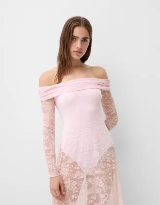 Rochie midi Disney Bambi cu decolteu Bardot din dantela