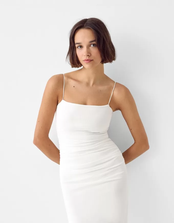 Rochie midi adunata cu bretele Rochie midi adunata cu bretele