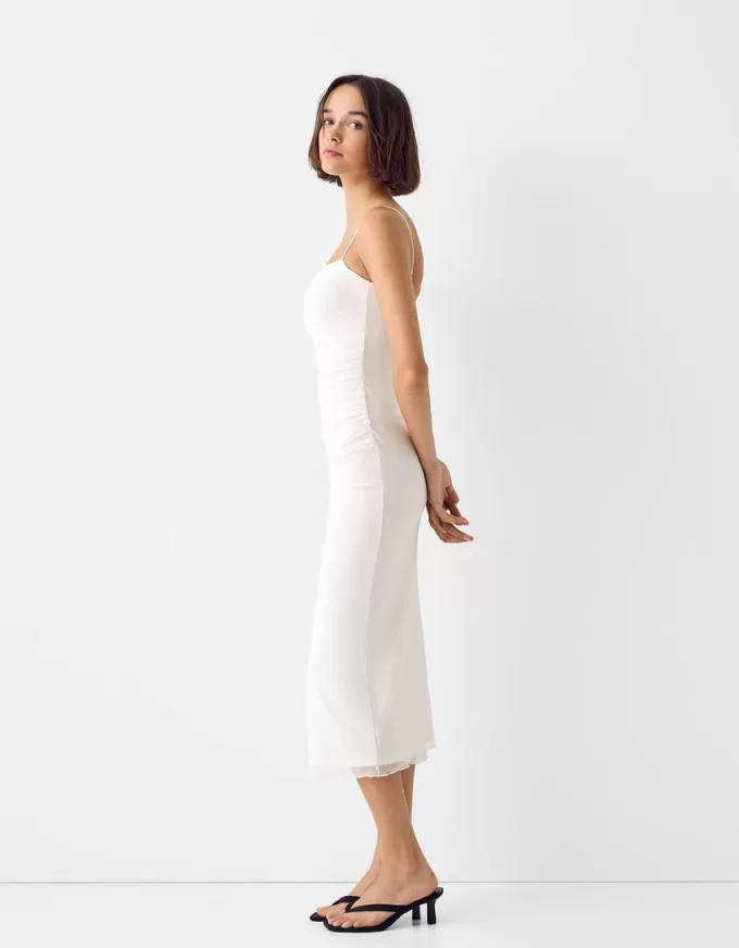 Rochie midi adunata cu bretele Rochie midi adunata cu bretele