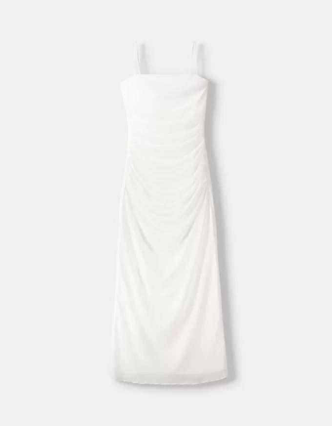 Rochie midi adunata cu bretele Rochie midi adunata cu bretele