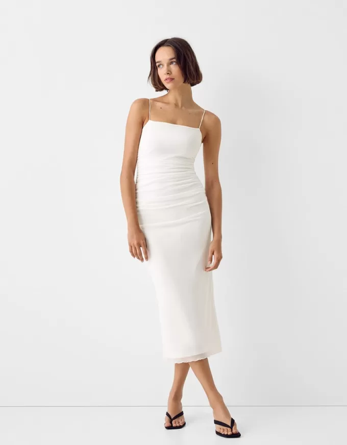 Rochie midi adunata cu bretele Rochie midi adunata cu bretele