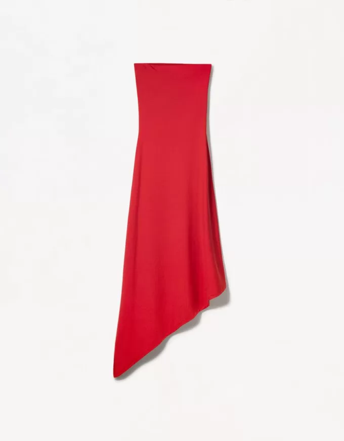 Rochie midi asimetrică fără umeri Rochie midi asimetrică fără umeri