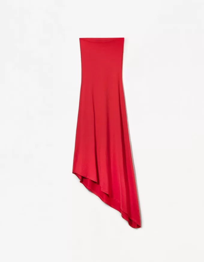 Rochie midi asimetrică fără umeri Rochie midi asimetrică fără umeri