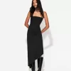 Rochie midi asimetrică fără umeri Rochie midi asimetrică fără umeri