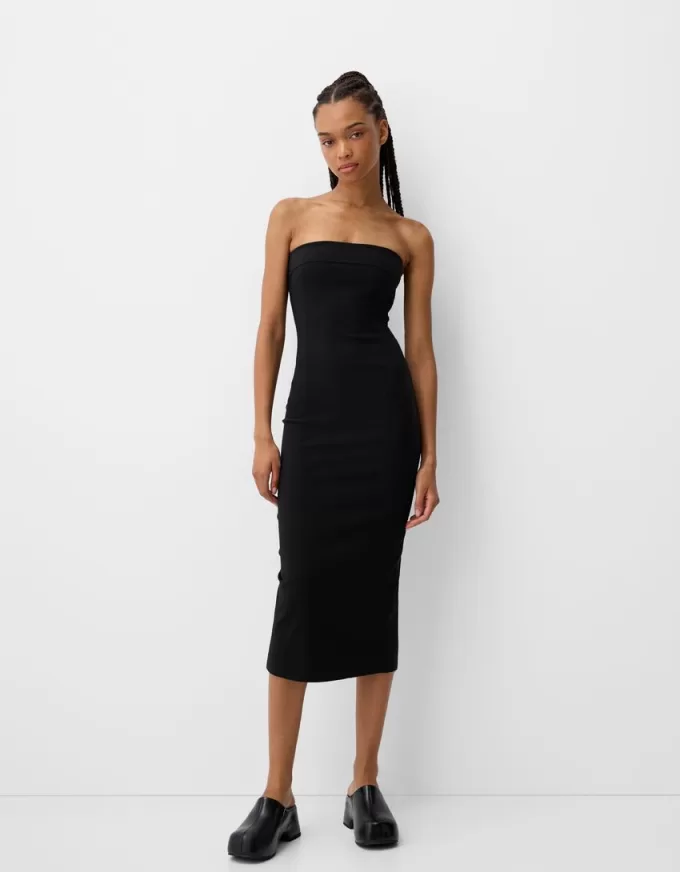 Rochie midi cu decolteu bandeau Rochie midi cu decolteu bandeau