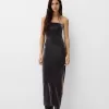 Rochie midi cu decolteu bandeau cu fir metalic Rochie midi cu decolteu bandeau cu fir metalic