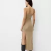 Rochie midi cu decolteu bandeau cu fir metalic Rochie midi cu decolteu bandeau cu fir metalic