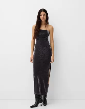 Rochie midi cu decolteu bandeau cu fir metalic